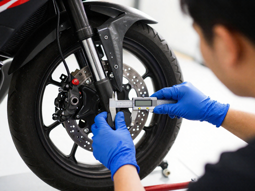 A close-up of a mechanic's gloved hands using a digital caliper to measure the thickness of a motorcycle brake pad against the brake disc, illustrating a DIY inspection.