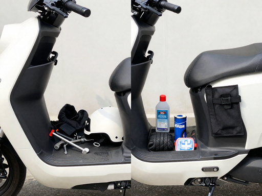 Split image showing disorganized scooter storage on one side and neatly organized storage with tool pouch on the other.