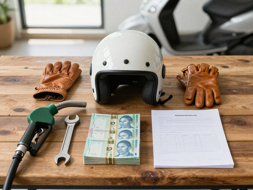 A collection of items representing scooter riding costs: helmet, gloves, fuel nozzle, wrench, money, and an insurance document on a wooden table.