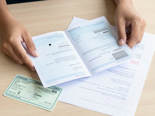 Close-up of hands holding a Malaysian vehicle registration document with other paperwork on a desk