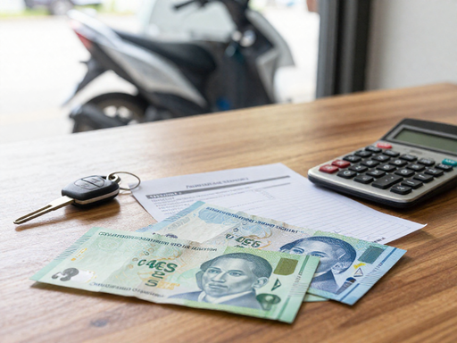 A table with Malaysian currency, receipts, a calculator, and a scooter key, with a scooter visible in the background.