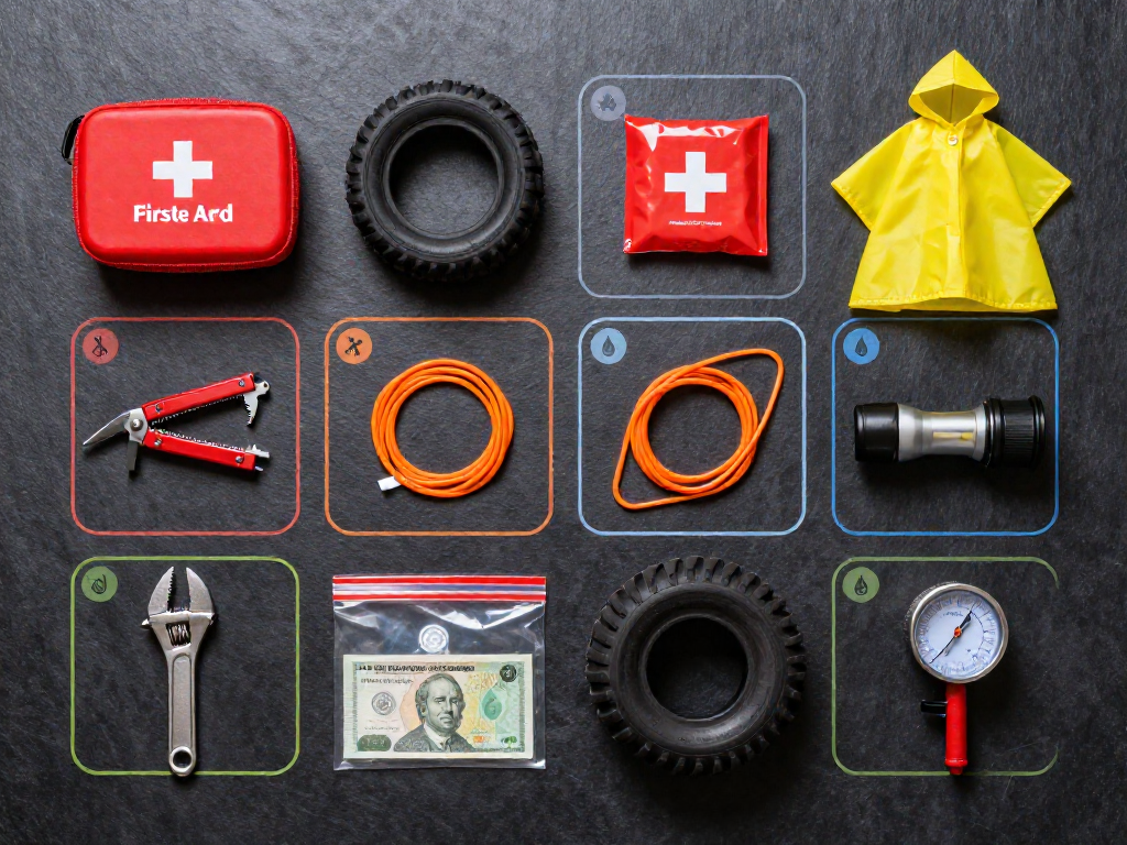 Top-down view of ten essential motorcyclist emergency items arranged in a grid, including a multi-tool, tire repair kit, rain poncho, and first aid supplies.