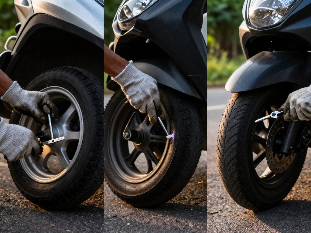 Three-step visual sequence showing a tire repair procedure on a scooter tire: reaming the puncture, inserting the plug, and trimming excess.