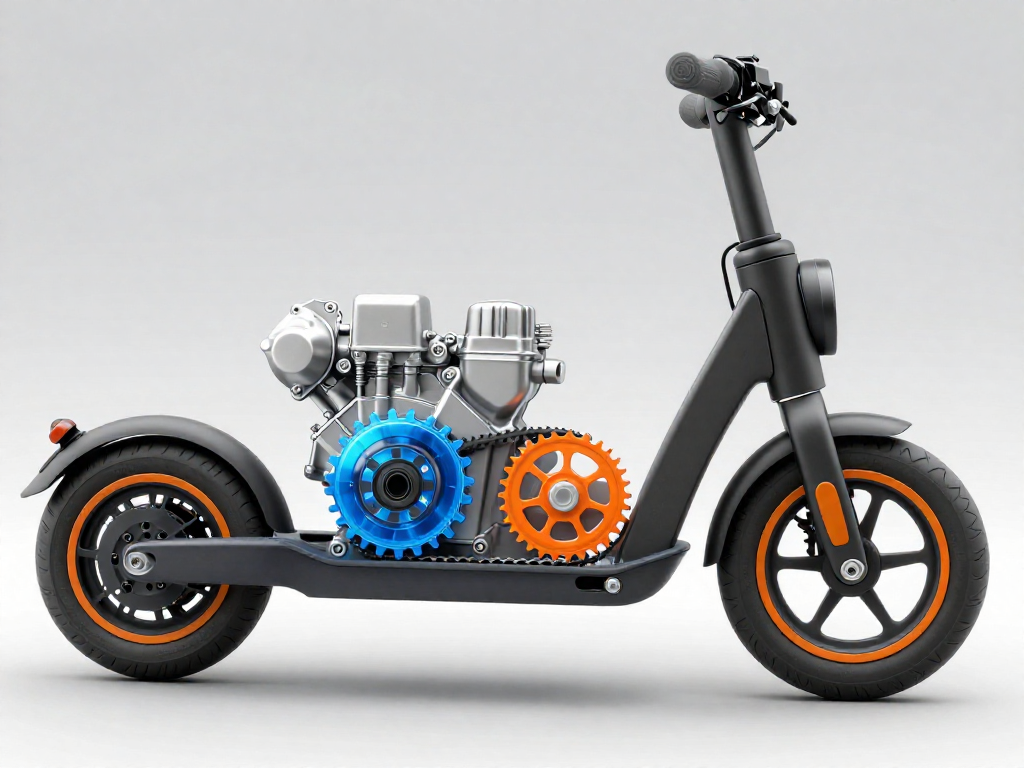 A 3D cutaway illustration of a scooter engine showing the CVT cover, belt, and exhaust components with color highlights.