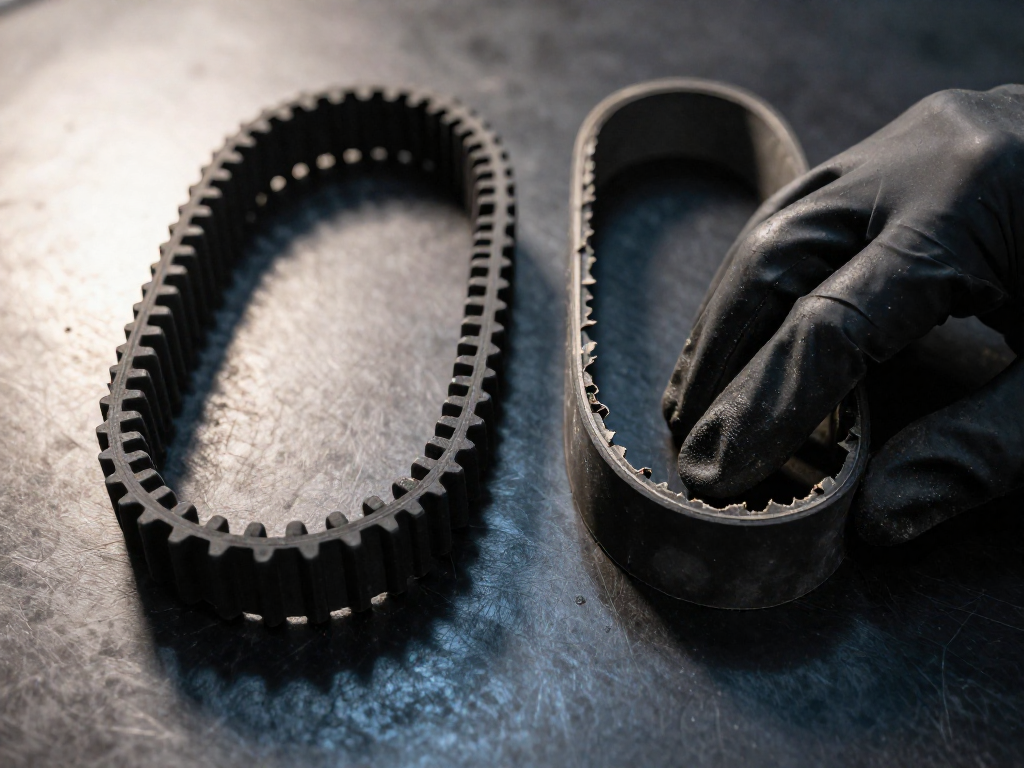 Side-by-side comparison of a new scooter drive belt and a worn, cracked one on a workbench.