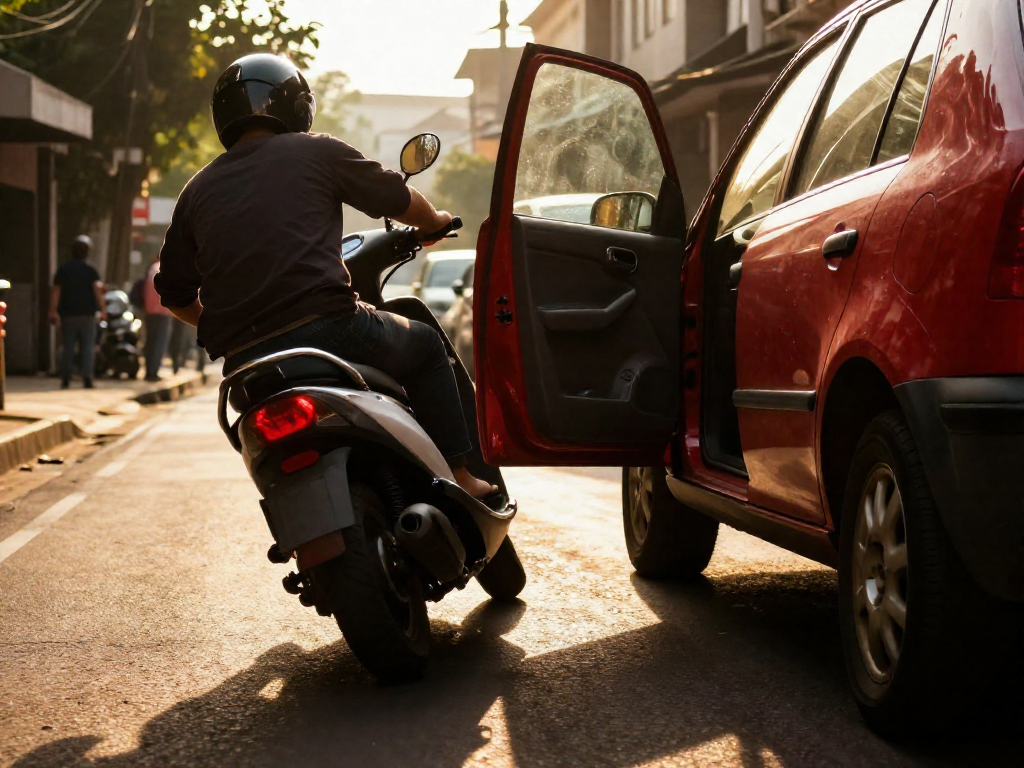 Motor scooter rider swerving dangerously close to an opening car door on a city street.