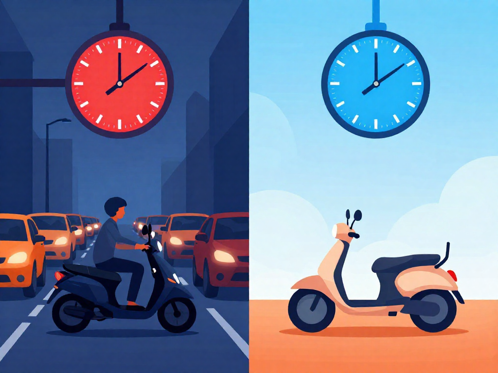 Conceptual illustration of a scooter rider at a split between risky lane splitting and safe waiting, with clocks showing minimal time difference.
