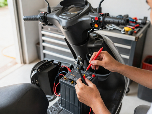 A close-up from above of a scooter with its seat up, showing hands probing the battery with a multimeter in a well-lit garage.
