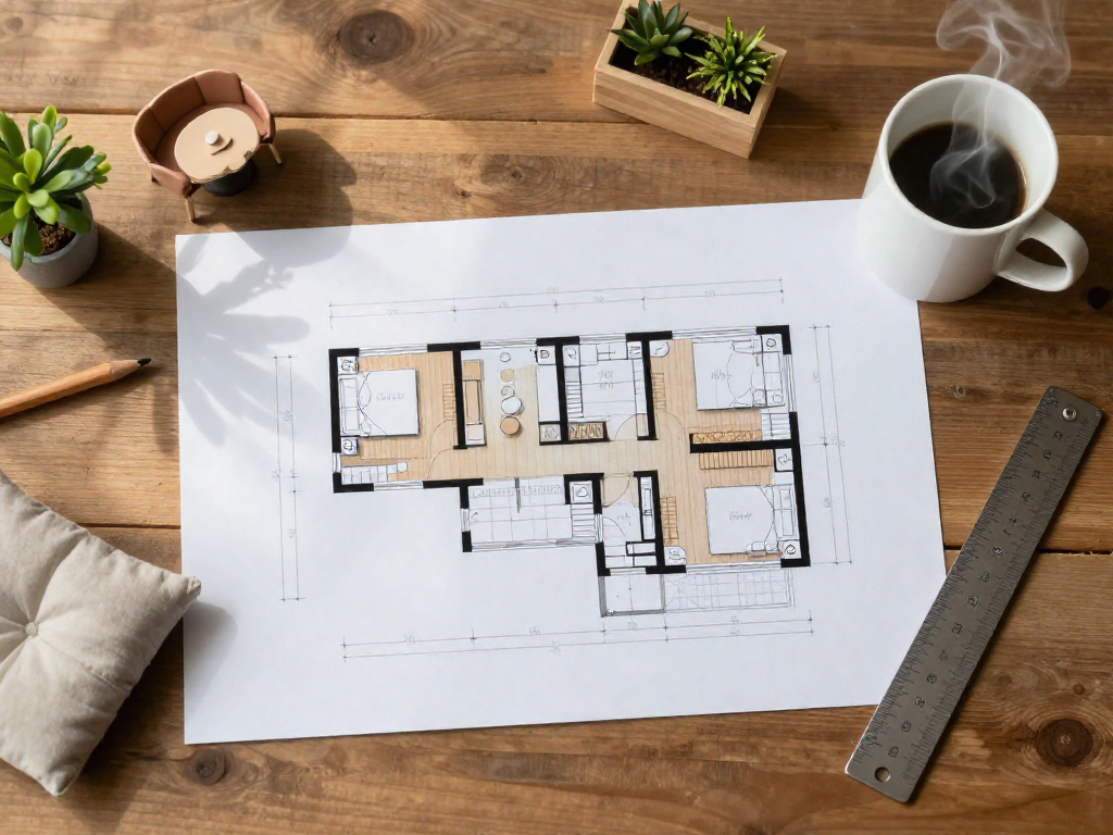 An overhead view of a printed balcony floor plan on a wooden table, surrounded by tiny furniture models, a pencil, ruler, and a mug.