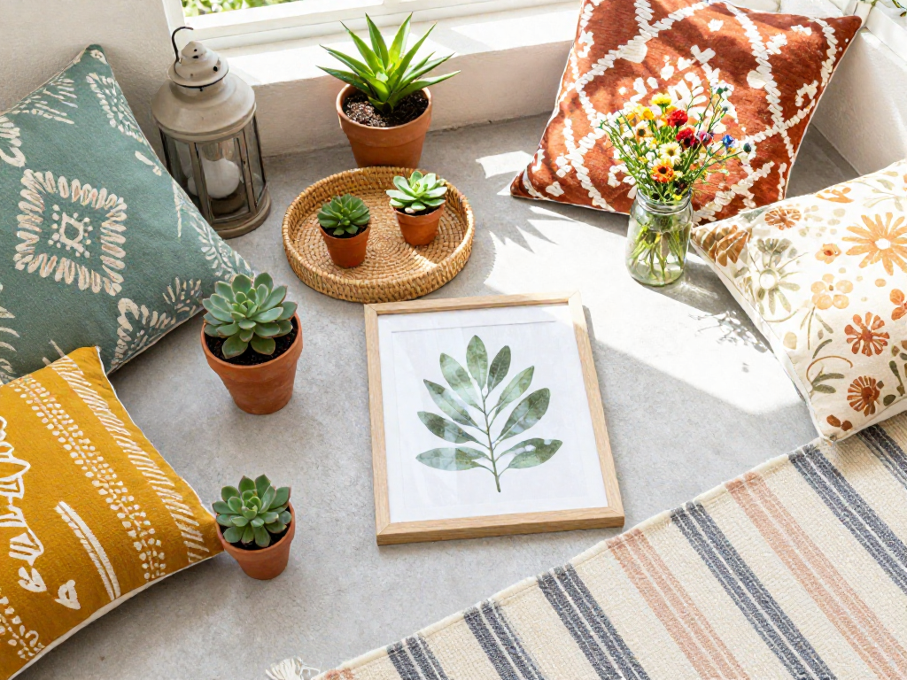 Collage of thrifted balcony decor items including cushions, potted plants, lanterns, and a small rug arranged on a concrete floor.