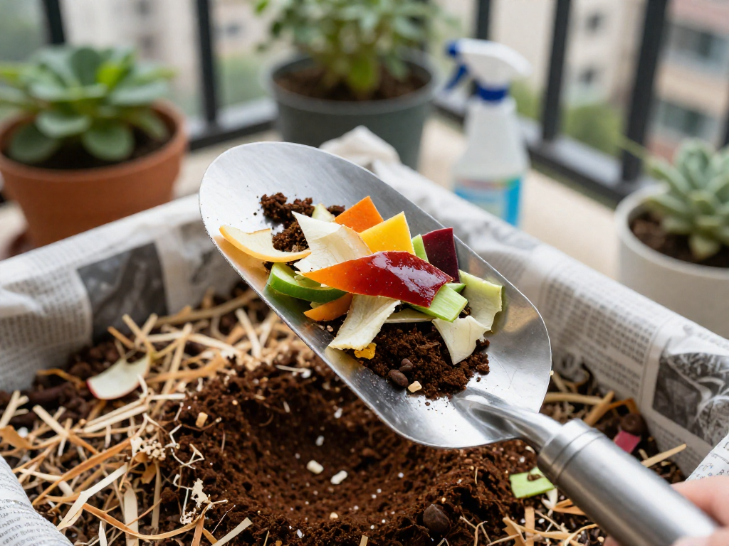 A close-up of a trowel filled with vegetable scraps above an open worm composting bin, with potted plants out of focus in the background.