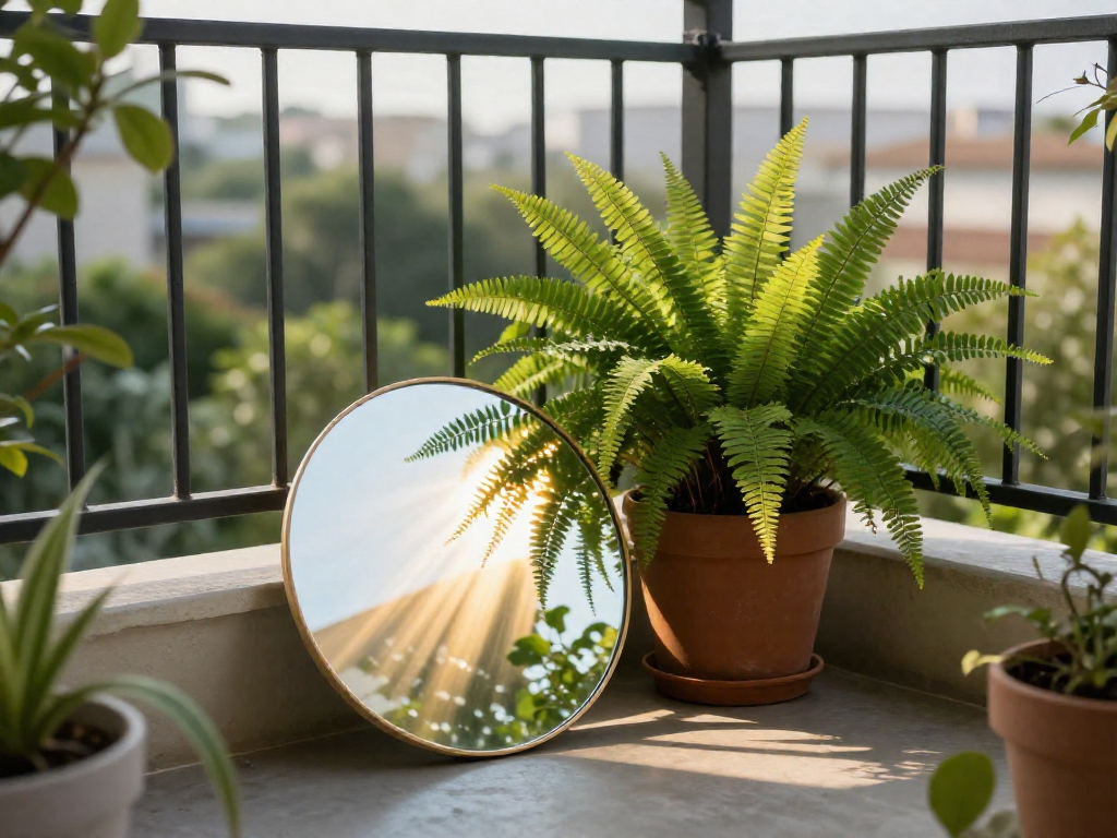 A mirror on a balcony floor reflecting a beam of sunlight onto a potted fern in a shaded corner, demonstrating how to redirect light to plants.