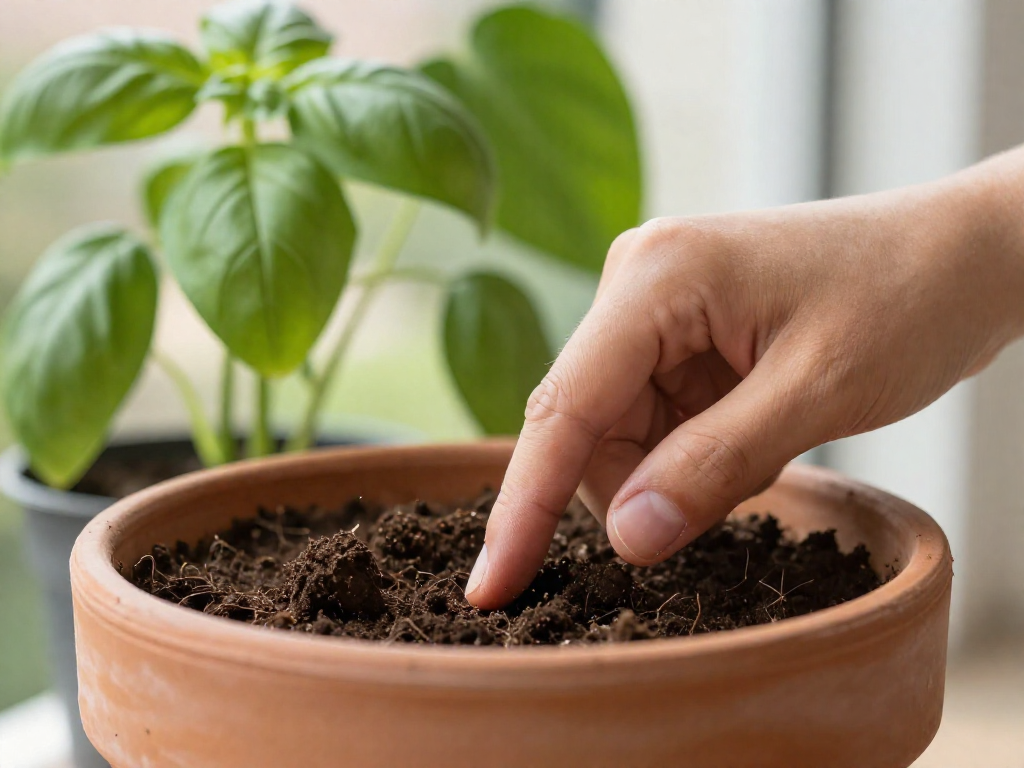 A close-up of a person's finger testing the moisture level of soil in a terracotta plant pot, with a leafy green plant visible in the background.