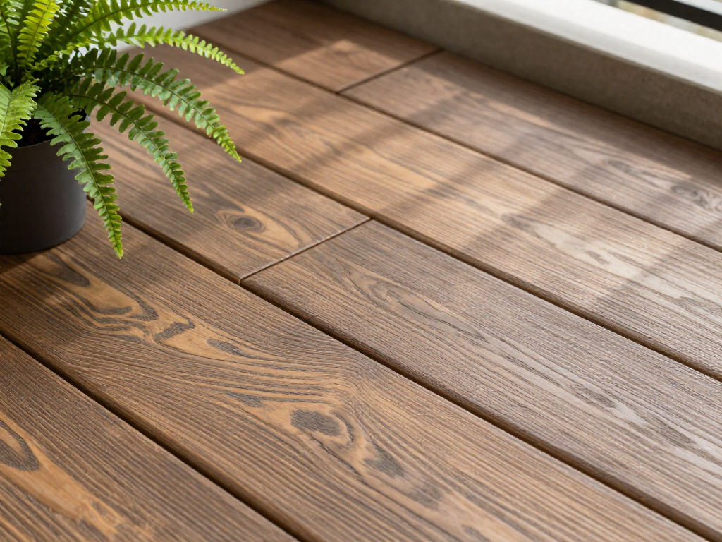 Close-up of wood-look interlocking deck tiles with a small fern, showing the texture and grain.
