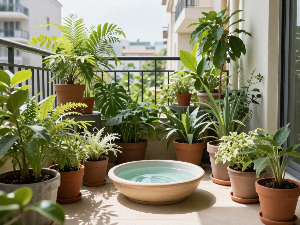 A lush balcony garden with many plants arranged close together, and a shallow tray of water on the floor to help keep them cool during summer.