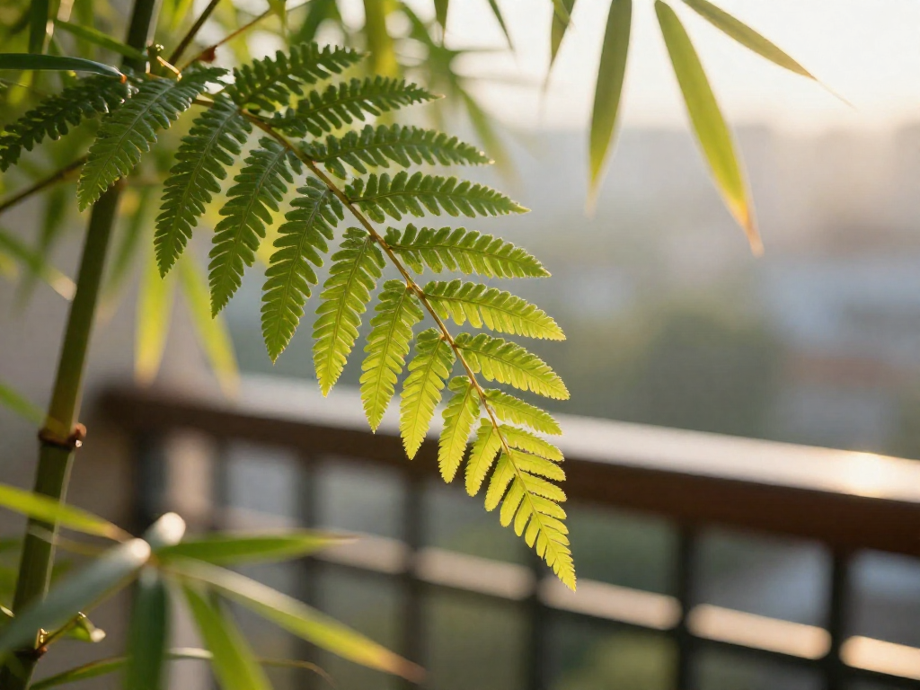 Close-up of delicate green leaves glowing in sunlight with blurred outdoor background.