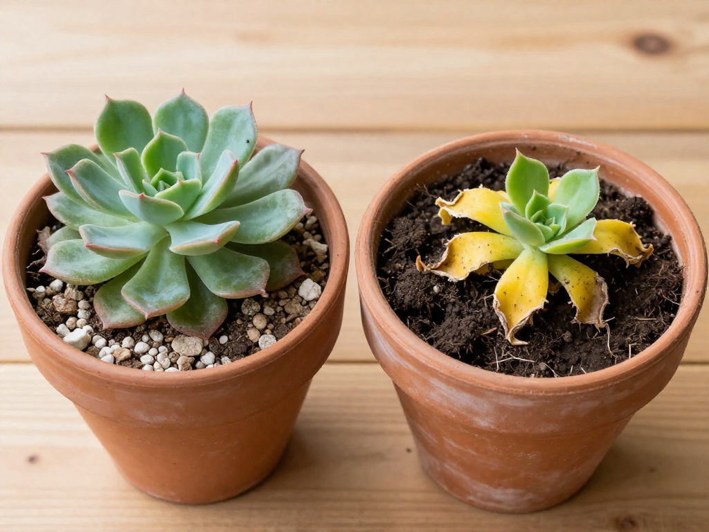 Two potted succulents: a healthy one in gritty soil and a struggling one in dense soil.