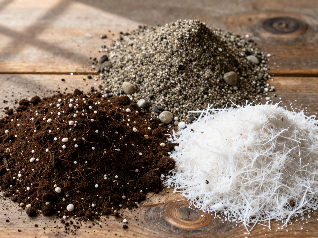 Close-up of three different soil textures: a fluffy dark mix, a gritty sandy mix, and a fibrous coconut coir mix, arranged side by side.