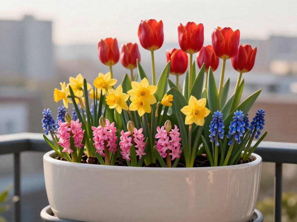 Close-up of a layered planter with hyacinths, daffodils, tulips, and grape hyacinths blooming on a balcony.