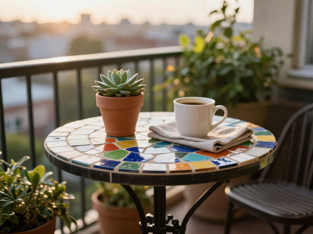A round mosaic-topped bistro table on a balcony with a succulent plant and a cup of coffee, overlooking a city view.