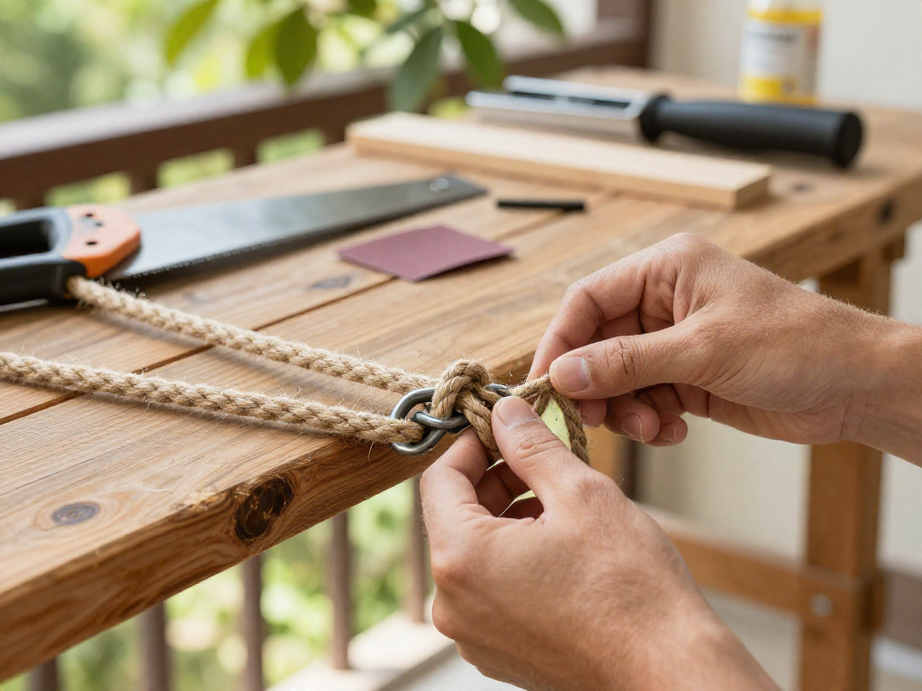 Hands tying a rope knot around a metal chain attached to a wooden shelf on a balcony.