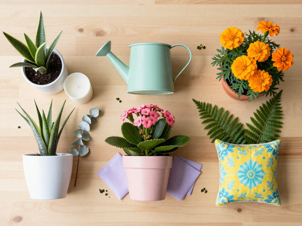 Flat lay of gardening items in three color palettes: white and green accessories, pastel pink and mint tools, and bright tropical orange and patterned accents.