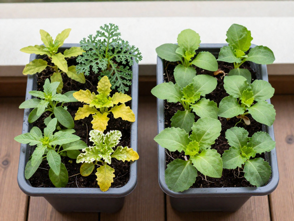 Two balcony pots side by side: the left pot is overcrowded with leggy, yellowing plants; the right pot has healthy, well-spaced plants with visible root separation.