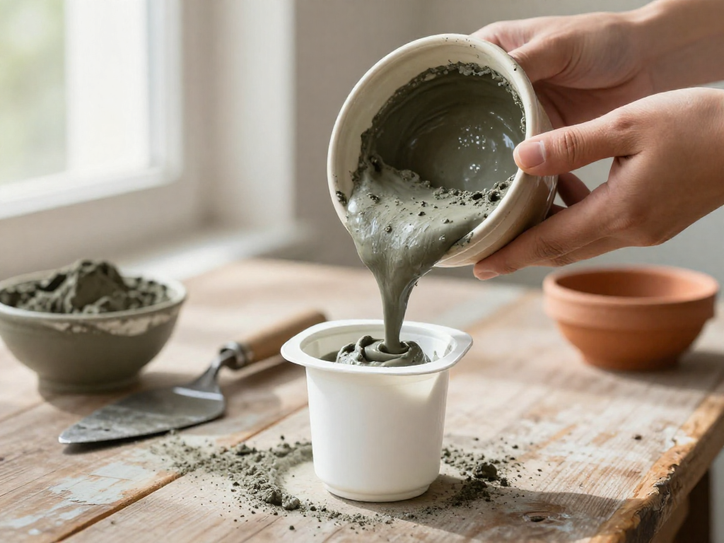 A person's hands pour wet concrete mixture from a small bowl into a white plastic yogurt cup on a wooden table with tools and powder around.