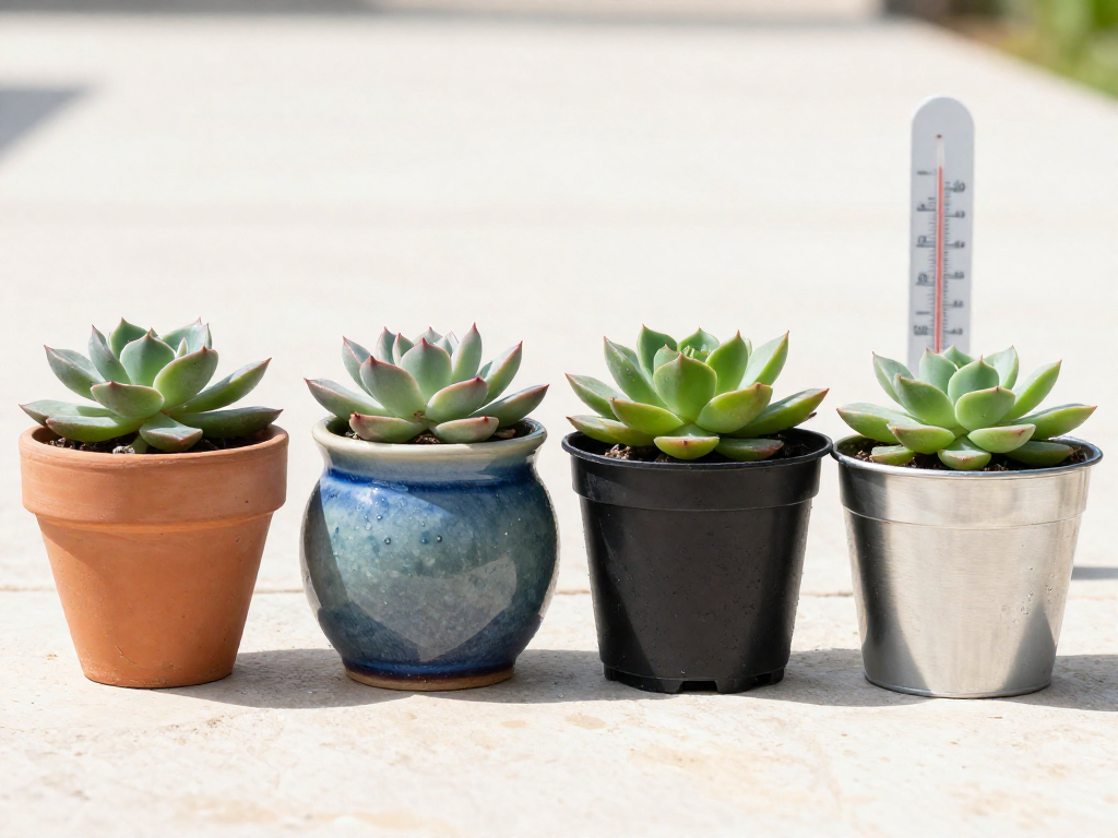 Four identical small succulents in different pots: terracotta, ceramic, black plastic, and metal, lined up on a stone surface in bright sunlight, with visible heat haze above the metal pot.