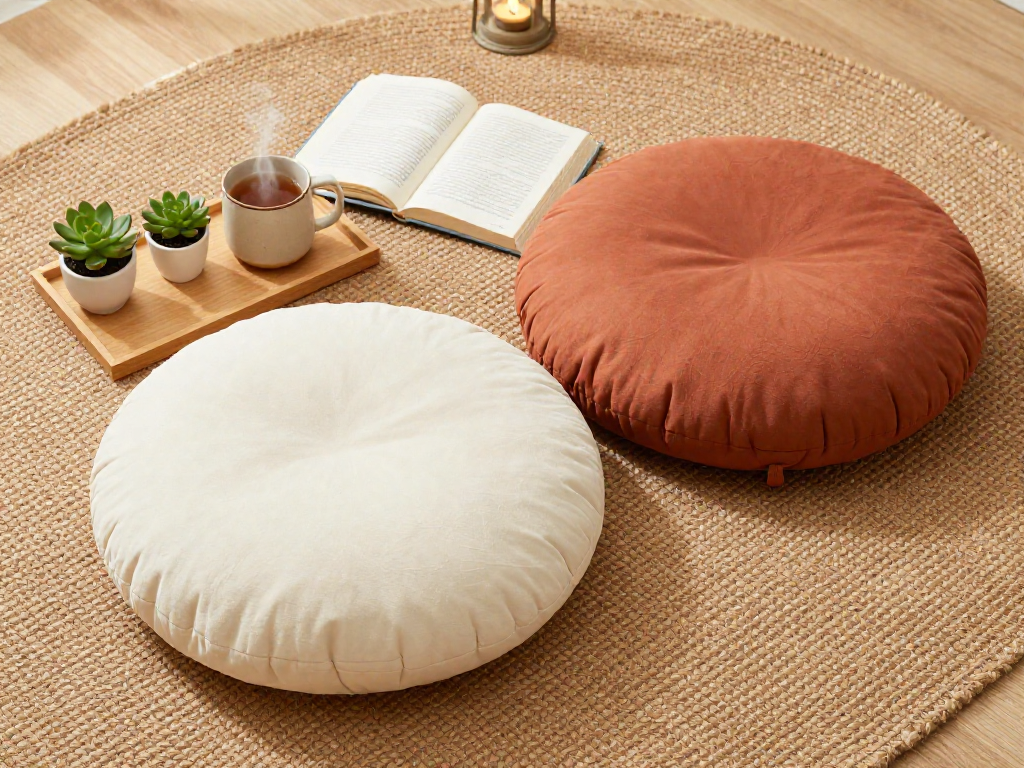 Overhead view of floor cushions, an open book, and a mug of tea on a rug with small plants and a candle.