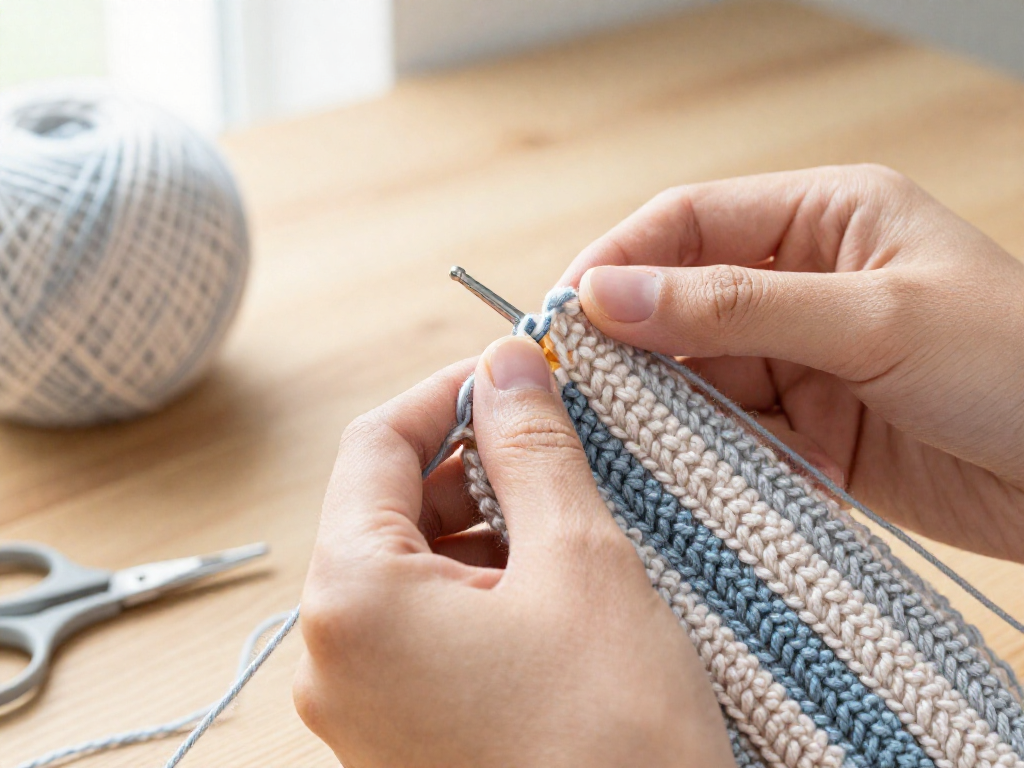 Close-up of hands crocheting with strips of fabric yarn, showing the stitch detail