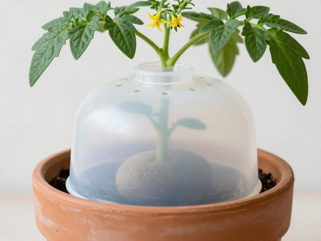 Close-up of a clear milk jug cloche with drilled vent holes and a stone inside, covering a dwarf tomato plant in a terracotta pot, demonstrating a DIY frost protection method.