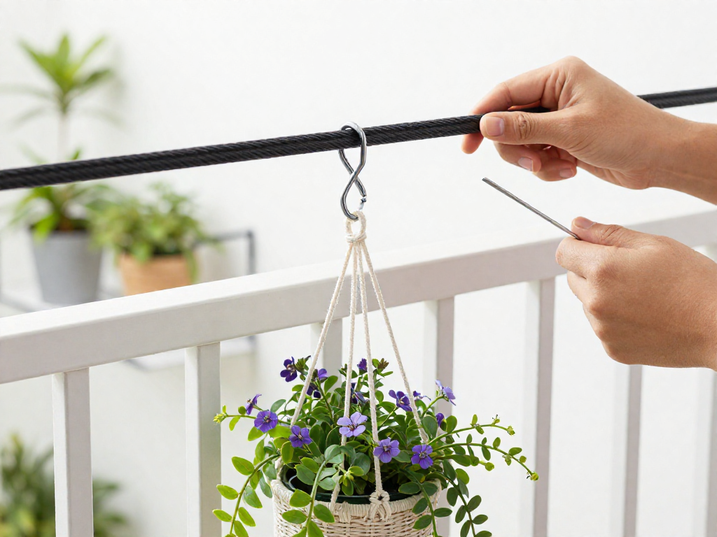 Close-up of hands attaching an S-hook to a tension rod mounted on a balcony railing, with a hanging flower pot suspended from it showing a renter-friendly plant display.
