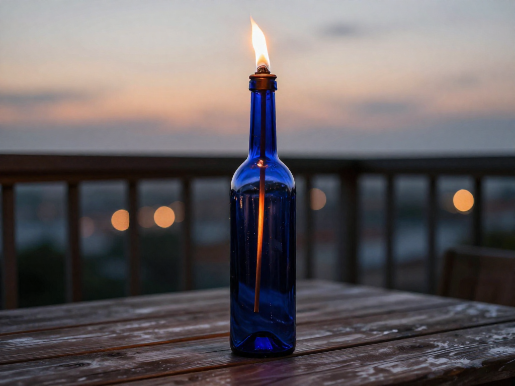 Close-up of a blue glass wine bottle torch with a lit flame on a wooden table during dusk.
