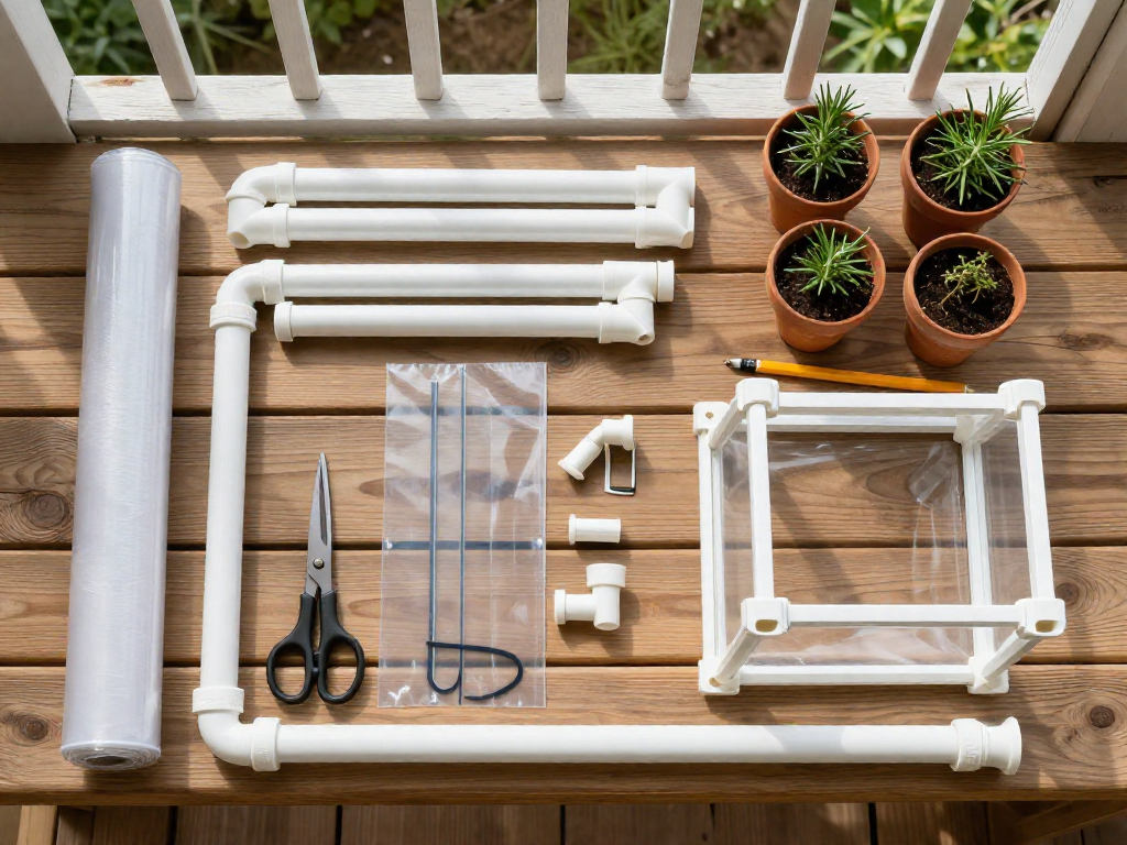 An overhead view of PVC pipes, connectors, plastic sheeting, and small potted herbs arranged on a wooden balcony floor, showing the setup for building a miniature greenhouse.