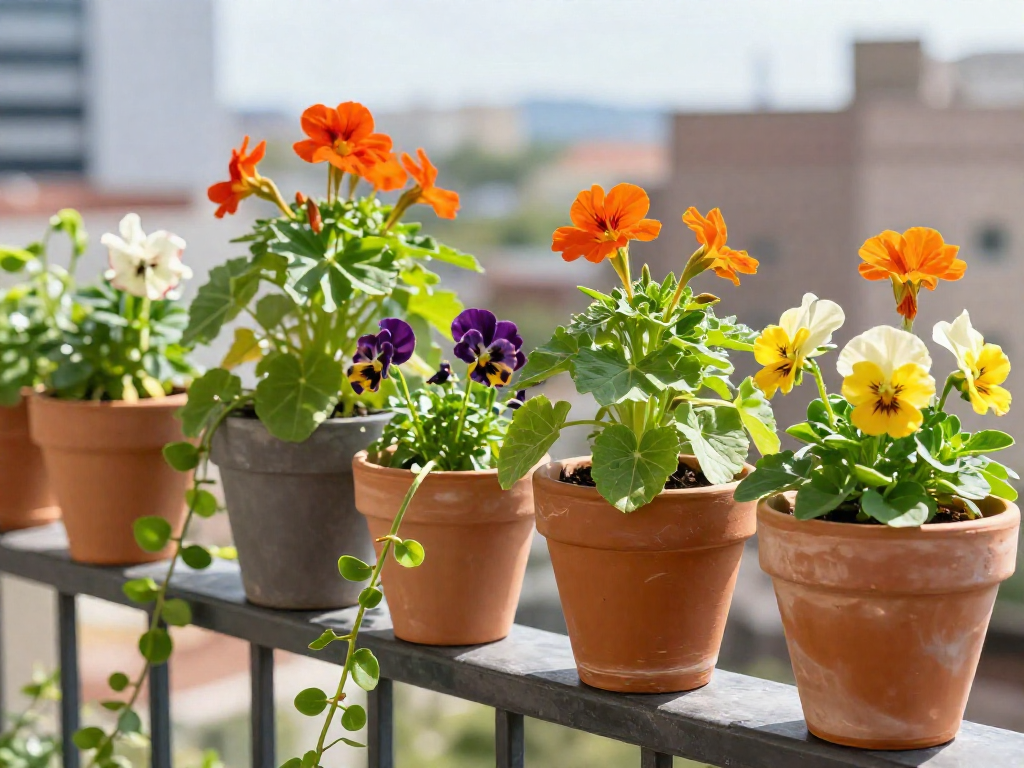 Several terracotta pots arranged on a balcony railing, each containing different edible flowers like nasturtiums, pansies, and calendula in full bloom.
