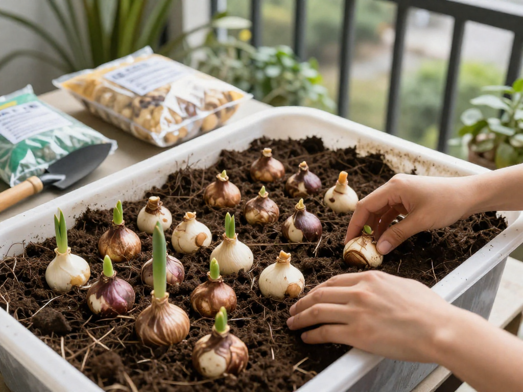 Hands layering tulip bulbs in a container filled with soil on a balcony, demonstrating the lasagna planting method.