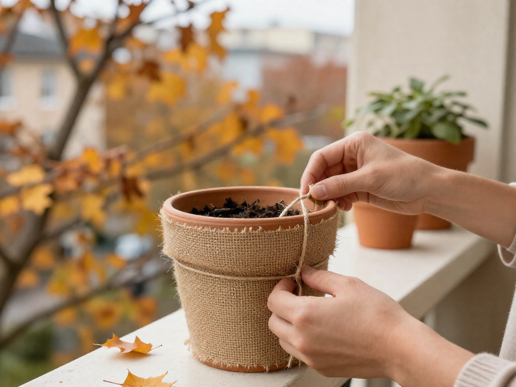 A person's hands wrapping a terracotta pot with burlap and tying it with twine on a balcony with blurred autumn trees in the background.