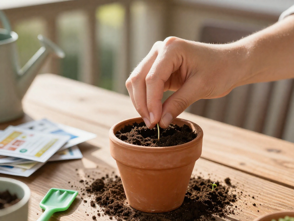 Hands placing small seeds into a terracotta pot on a balcony table with gardening tools nearby.