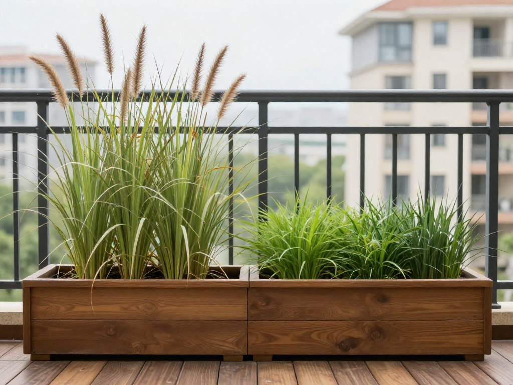 A balcony planter with ornamental grasses, the left side overgrown and the right side neatly cut back, with a city building in the background.
