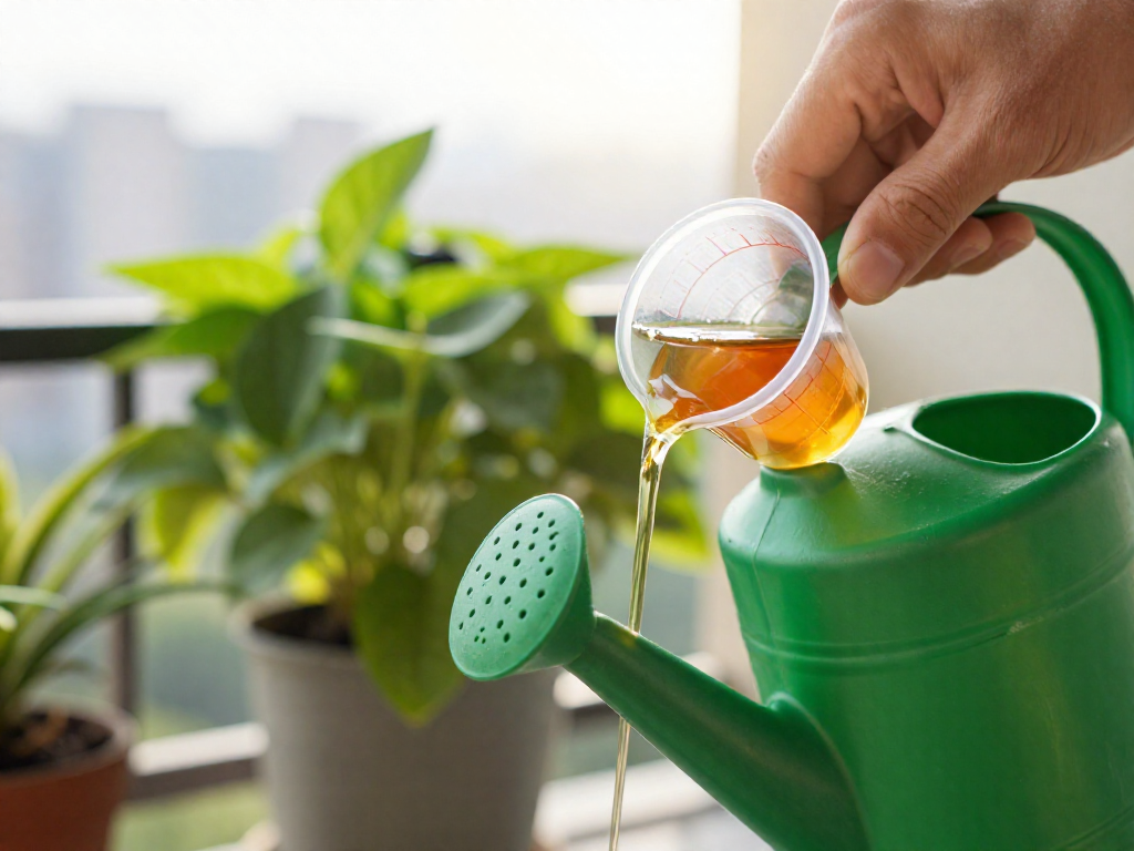 A hand pouring measured liquid fertilizer from a cap into a watering can beside a potted plant on a balcony.