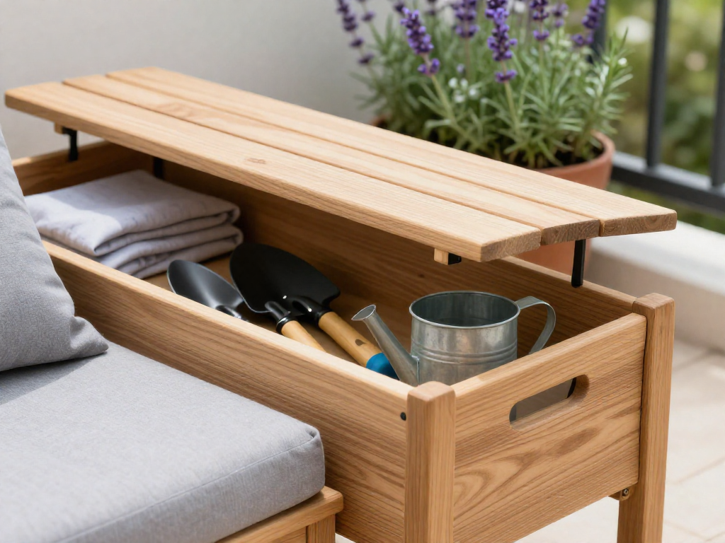 Open storage bench revealing gardening tools, cushions, and a watering can inside, with plants visible in the background.