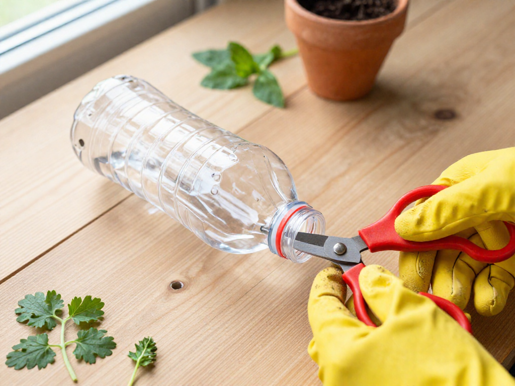 Close-up of a gloved hand using scissors to cut drainage holes in a plastic bottle for a DIY hanging herb planter.