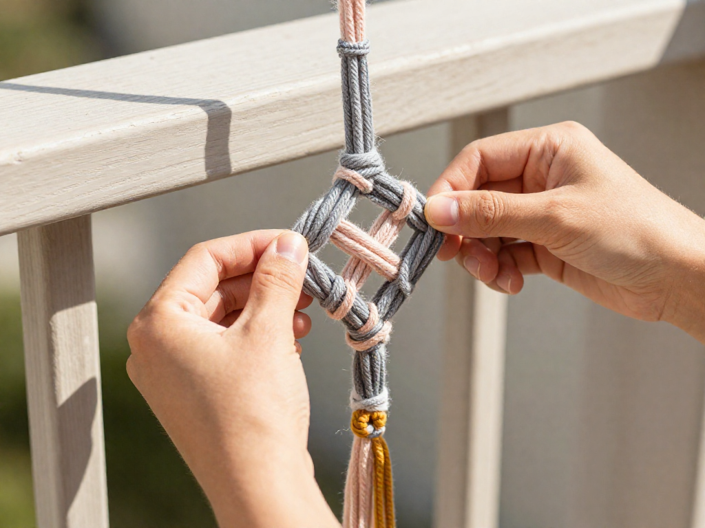 Close-up of hands tying a square knot with t-shirt yarn to create a macrame plant hanger.