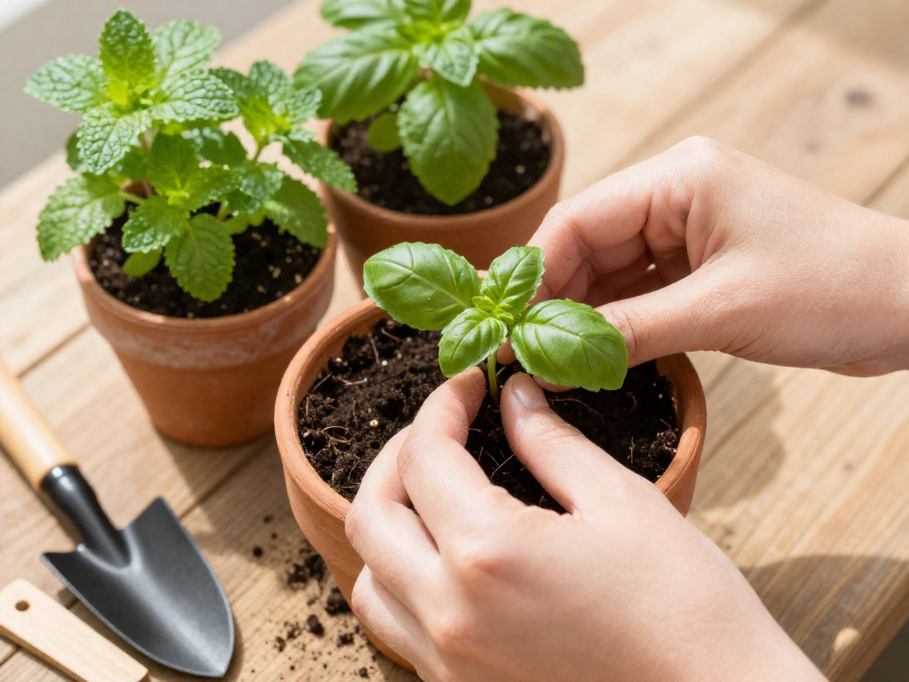Hands carefully planting a basil seedling into a terracotta container with other small herbs and gardening tools nearby.