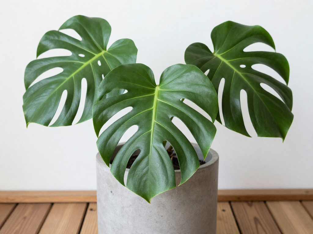 A close view of a large Monstera plant with glossy split leaves in a round concrete pot on a wooden floor.