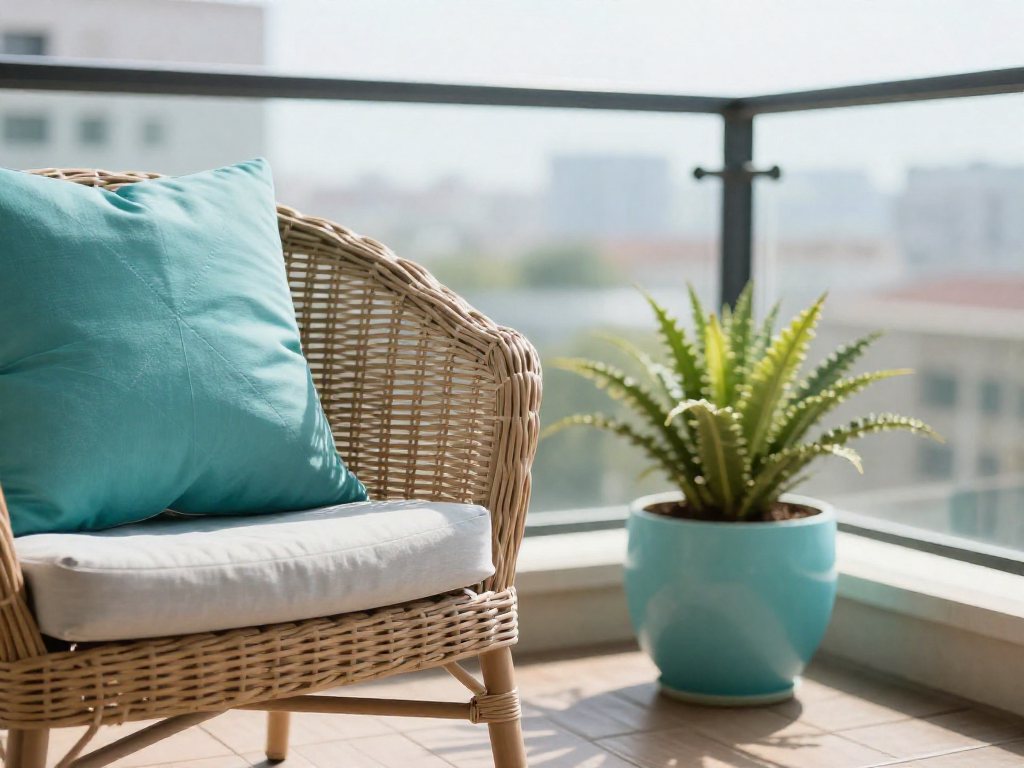 Balcony chair with teal pillow and matching planter, demonstrating accessory coordination.