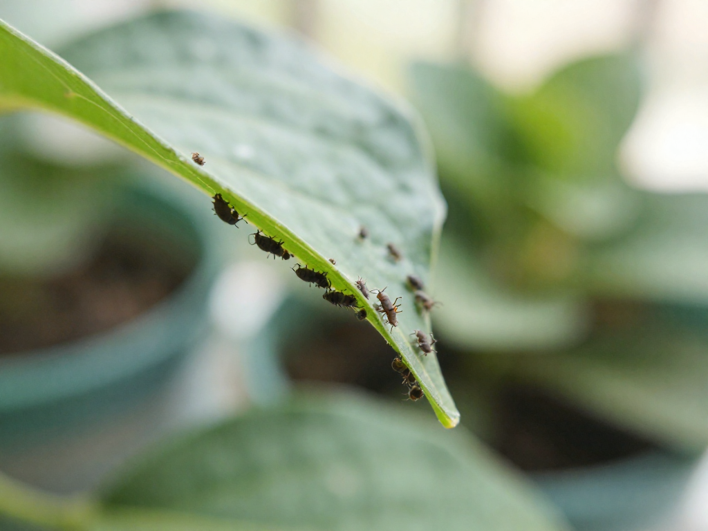 Close-up of small aphids and white mealybugs clustered on a plant leaf.