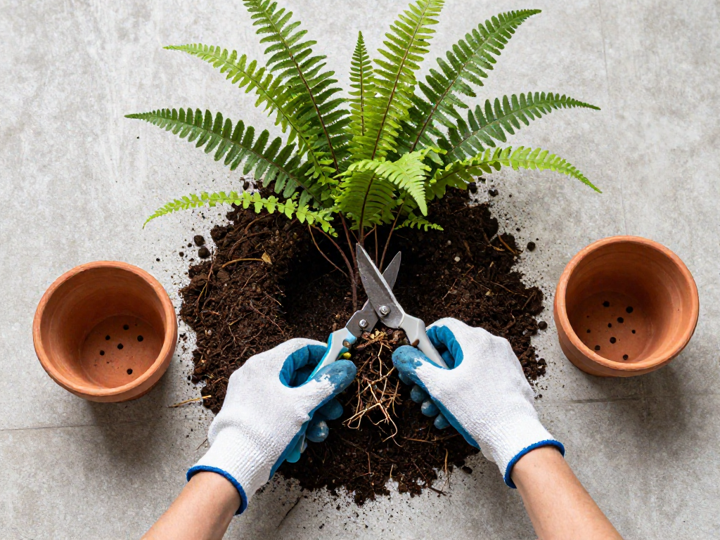 Hands in gardening gloves trim rotten roots of a fern over fresh potting soil and a clean pot on a balcony floor.