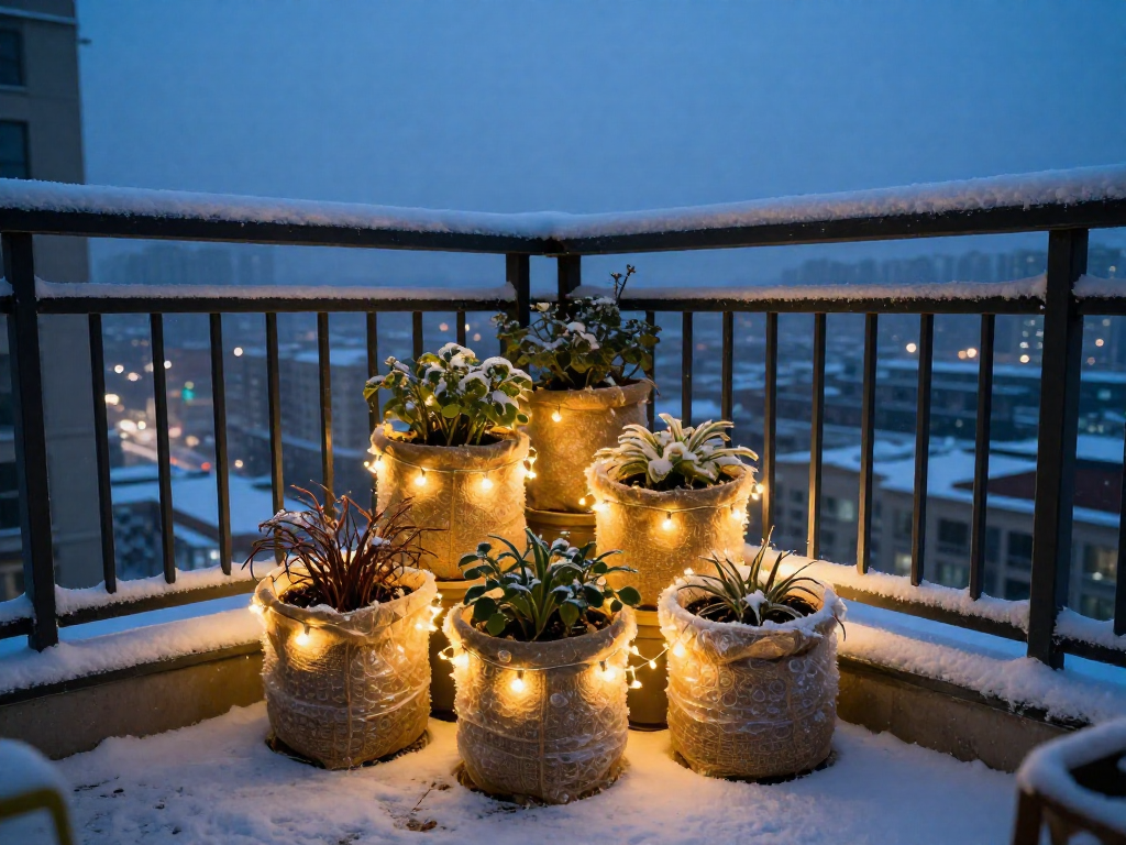 Insulated plant pots grouped on a small balcony with fairy lights glowing at dusk.